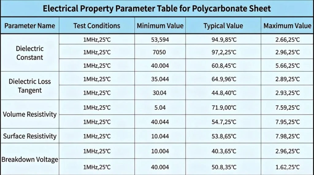 Electrical Property Parameter Table for Polycarbonate Sheet