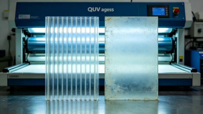 QUV anti-yellowing aging test of UV coated hollow and solid polycarbonate sheet