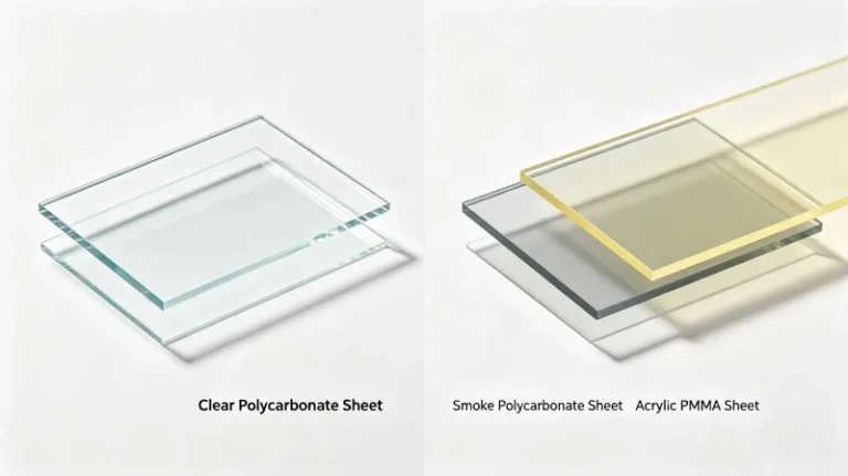 Side-by-side sample display of clear & smoke polycarbonate sheet and acrylic PMMA sheet