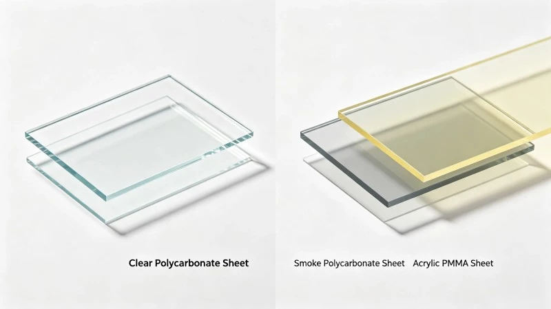 Side-by-side sample display of clear & smoke polycarbonate sheet and acrylic PMMA sheet