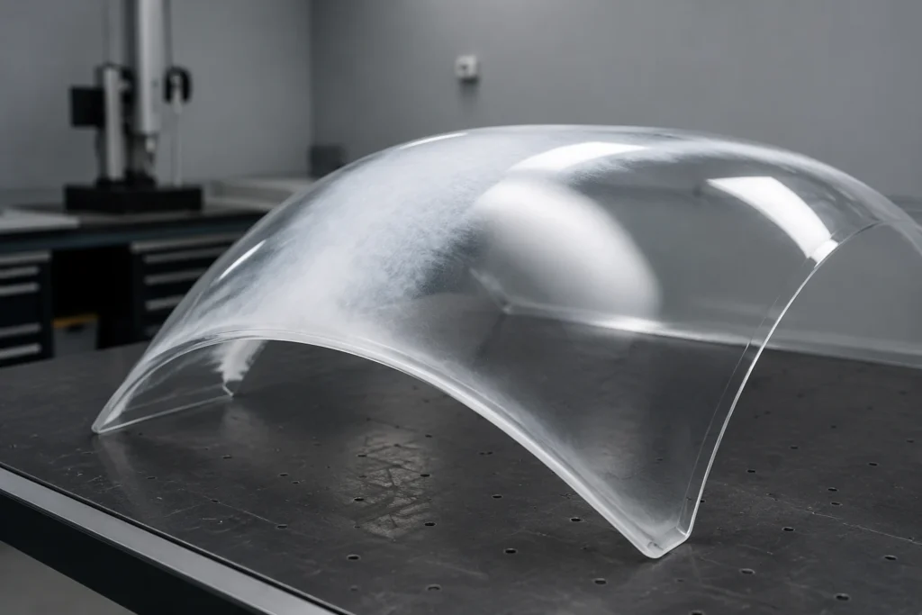 polycarbonate sheet hot bending surface whitening, cracking at bending position

