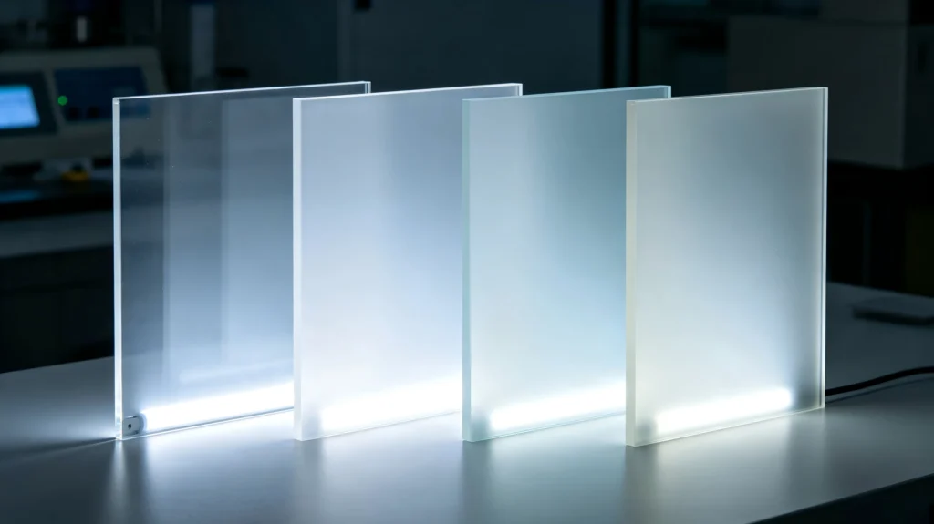 Light transmission comparison test of clear, frosted, solid and pearlescent acrylic sheet